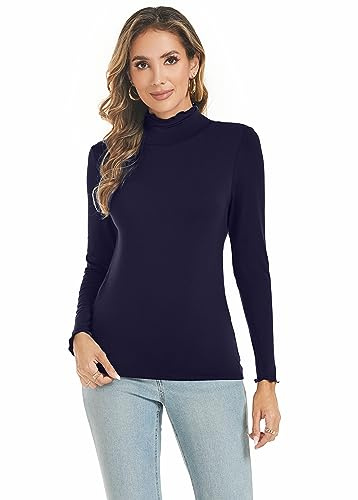 Famrrifuu Tee Shirt Femme Manches Longues Haut Col Montant Élégant Top Basique Léger Col Roulé T Shirt Blouse,Bleu,XL