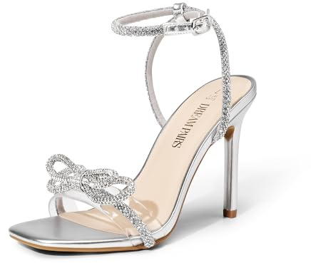 DREAM PAIRS Women's Double Bowknots Crystal Sandals Clear Slingback Heels Square Toe Shoes for Party Wedding Brielle,Size 7,Silver,SDHS2389W