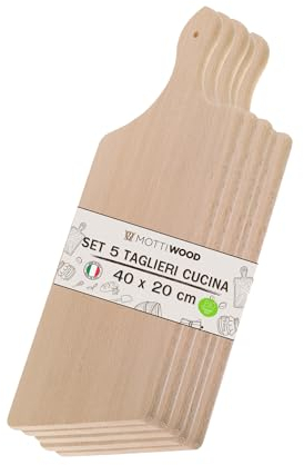 Set 5 Taglieri da Cucina con Manico, 100% Legno Faggio, Perfetto per Tagliare e Servire, Dimensioni 40x20x2hcm, Alta Resistenza, Made in Italy