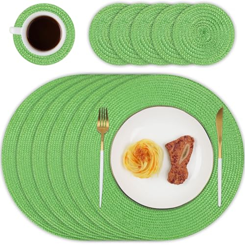 Homcomodar Round Table Placemats and Coasters Set of 6 Heat Resistant Round Place Mats Sets Washable Dining Table Mats for Kitchen Dinner(Green)