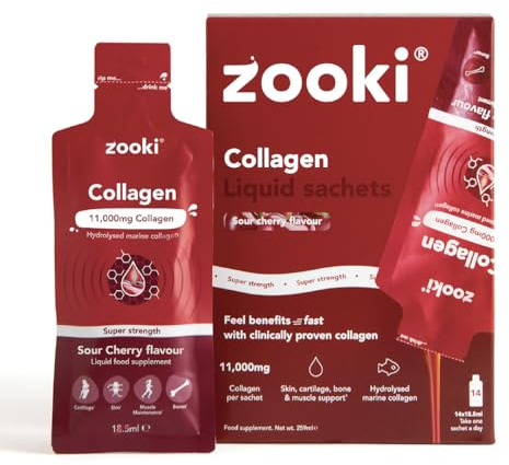 Zooki 11,000mg Super Strength Marine Collagen Liquid Sachets | Hydrolysed Peptides | Ultimate Skin, Hair, Nails, Joints, Bones & Muscles Support (Sour Cherry Flavour, 30 Servings)