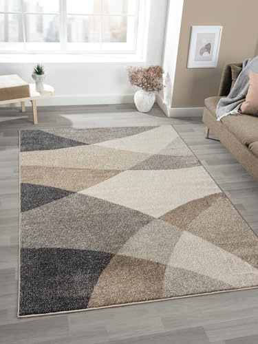 Mia's Mosaix – modern tät matta med kort lugg för vardagsrum och sovrum, med kontursnitt, geometriska mönster, rutig, i beige, 240 x 330 cm