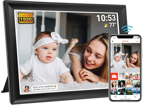 64GB FRAMEO 10.5 Zoll Digitaler Bilderrahmen WiFi Smart 1920x1280 FHD IPS LCD Touchscreen, Auto-Drehen, Unterstützung SD-Karte auf USB-Laufwerk, 2,4/5 GHz, Teilen Sie Momente sofort über Frameo App