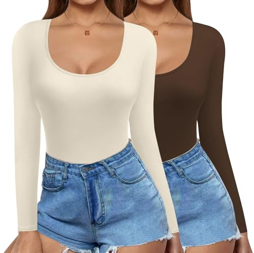 Ekouaer Basics Long Sleeve Tops Women Thermal Tops Scoop Neck Winter Thermal Vests T Shirts Stretchy Top, Beige+Coffee, S