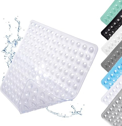 Duschmatte rutschfest, Quadratische Badematte rutschfest mit Saugnäpfen, 53x53cm, Maschinenwaschbar Badewannenmatte, für Dusche oder Badewanne, Transparentes Weiß