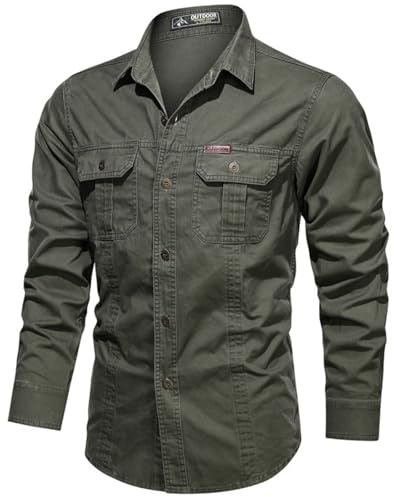 PADOLA Chemise Homme Manches Longues Slim Fit Coton Boutonnée Chemises avec Poches Col Rever Chemise de Travail Cargo Uni Chemisette Militaire Tactique Shirt Safari Habit (1 Vert Armée, M)