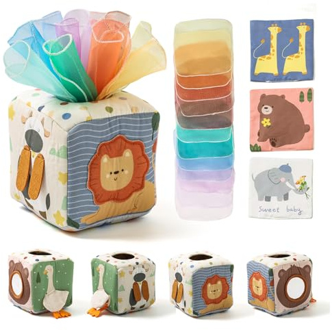 Youuys Scatola Fazzoletti Montessori per Bambini 1 Anno,Giocattolo Sensoriale per Neonati 6-12 Mesi,Giochi Montessori 6-9 Mesi con Specchio,Regalo per Neonato Maschio e Femmina