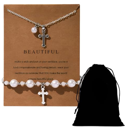 Ensemble de Bijoux pour Filles Réglable Bracelet Croix en Perle Collier avec Pendentif Perle Croix Cadeau de Baptême Cadeau de AnniversaireCadeau de Communion pour Filles