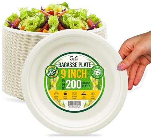 G4GADGET 200 Pack 9-Inch Heavy Duty Compostable Plates | Large Biodegradable Sugarcane Bagasse Plates | Eco-Friendly Disposable Tableware for Catering, Parties, Events & Everyday Use