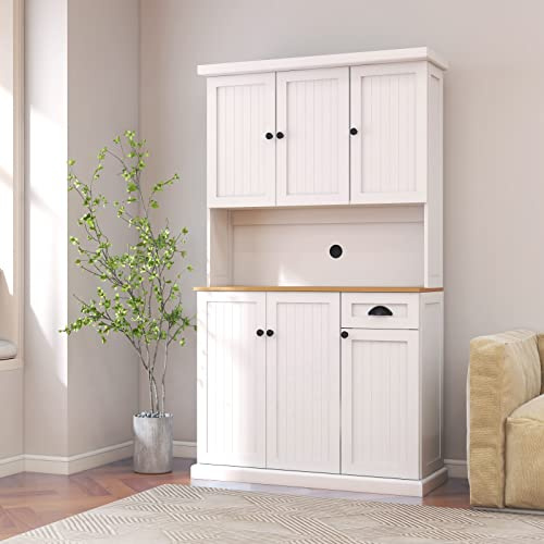 VSOGA Armoire de cuisine haute 180 cm avec compartiment micro-ondes, 6 portes, 1 tiroir, étagères réglables, blanc