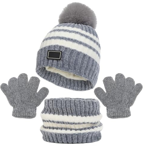 Ensemble Bonnet Echarpe Gants Enfant Hiver Chapeau Tricoté avec Pompon Tricoté Tour de Cou Chaud avec Doublure pour Fille et Garçon 2-6 Ans (Gris)