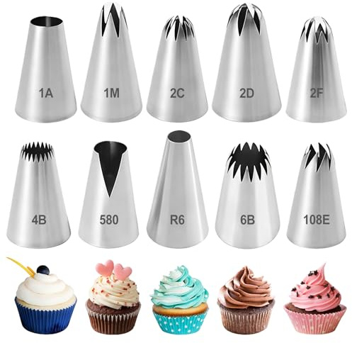 10 Pezzi Beccucci sac a Poche, Bocchetta Pasticceria In Acciaio Inox, Beccuccio per Decorare Torte, Professionali di Ugelli per Sac a Poche, per Decorare Cupcakes, Torte, Biscotti, Pasticceria