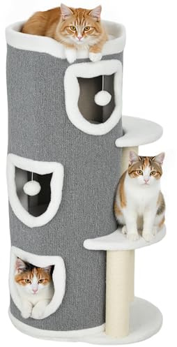 PawHut Tour pour Chat à 4 Niveaux, 101cm, Arbre à Chat Stable avec griffoirs en sisal et Bord en Peluche, 2 Plateformes, lit supérieur, pour Petits et Grands Chats, Parfait pour Griffes & Jeu, Gris