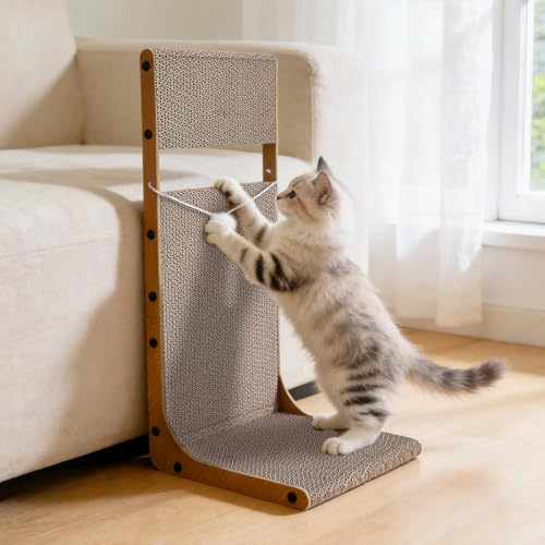 L Shaped Cat Scratcher, 64CM Vertical Cat Scratching Pad with Interactive Ball Toy, Durable Corrugated Cardboard Cat Scratcher Board for Indoor Cats, Furniture Protection