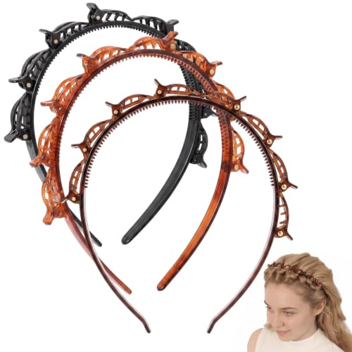 Lot de 4 Serre Tête avec Pinces pour Femme et Fille, Serre-Tête Tressé Double Couche Antidérapant, Accessoires Cheveux pour Sport, Yoga et Maquillage, Noir et Marron, 13cm