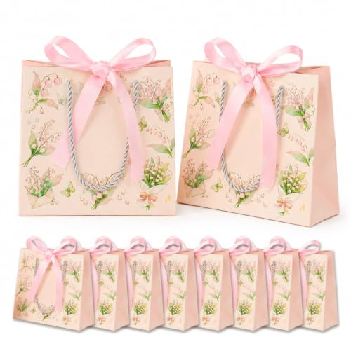 Xecamuvila 10 stycken rosa liljekonvalj presentpåsar – små presentpåsar med band och elegant pappersbärkasse för bröllop och födelsedag