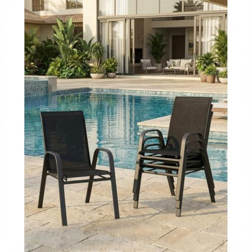NELLCREEK Lot de 4 chaises de Patio empilables avec accoudoirs - Noir | chaises de jardin en métal antirouille avec toile Textilene respirante - dossier haut, tout temps, pour terrasse/balcon