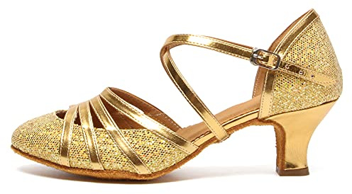 HROYL Zapatos de Baile Latino Mujer Cerrados Salsa y Bachata Tango Zapatos Baile Flamenco de Salón Tacon Bajo Suela Cuero Dorado 37.5 EU