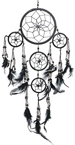 Pink Pineapple Handmade Bohemian Dream Catcher Ethical Hanging Dreamcatcher Wall Art with Feathers and Silver Beads Traditional Crochet Design - 12cm Wide, 35cm Long (Black)