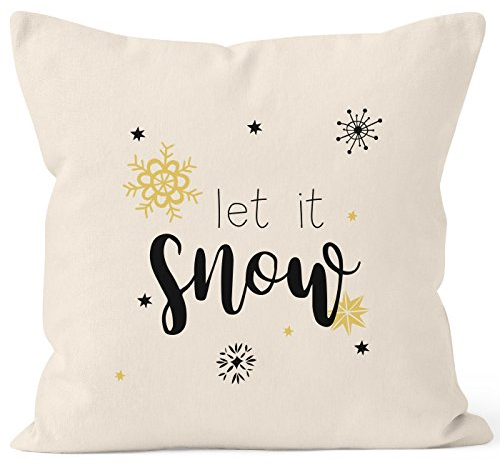 Autiga Kissenbezug Weihnachten Winter Let it Snow Spruch Schnee Eiskirstalle Schneeflocken Kissen-Hülle Baumwolle Natur 40cm x 40cm