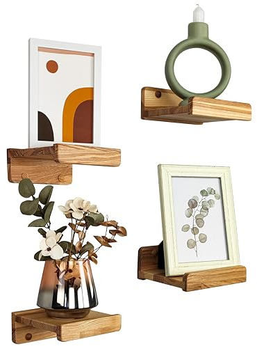 Wood Wedge Handgearbeitet 4er-Set Schwebende Wandregal, Rustikale Holzregale mit Lippe, Kinderbücherregale, Bild & Fotoregal für Schlafzimmer, Wohnzimmer, Badezimmer, Küche, Büro (Natürlich, 13 cm)
