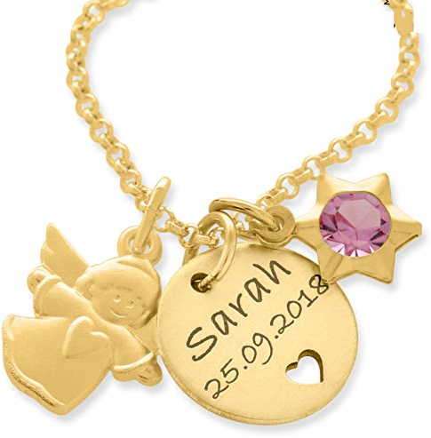 Taufkette Goldkette Mädchen Gravur Schutzengel goldene Kette Engel Gold Schmuck mit Namen Taufschmuck graviert Text Paten Halskette Kommunion Herz Taufkind | HANDMADE IN GERMANY