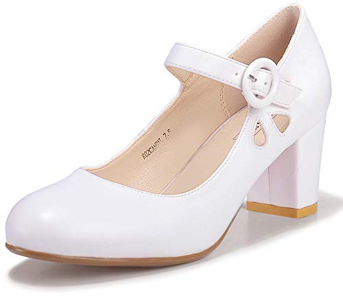 IDIFU Women's Candy Dress Mary Jane Shoes Low Block Heels Closed Round Toe Office Work Church Wedding Pumps(White, 9)