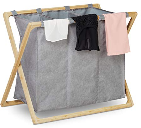 relaxdays Panier à Linge, collecteur à vêtements Pliant avec 3 Compartiments, 3x28 L, Trieur, 57,5x69x38 cm, Gris/Nature