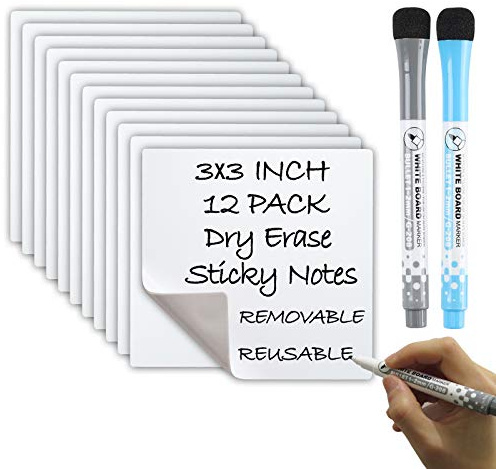 Dry Erase Sticky Notes, Reusable Whiteboard Sticker (3 inch Square 12 Pack), 2 Magnetic Fine Tip Markers with Erasers, Great for Reminders, Labels, Lists and Decals, Eco-Friendly, Paper Saving.