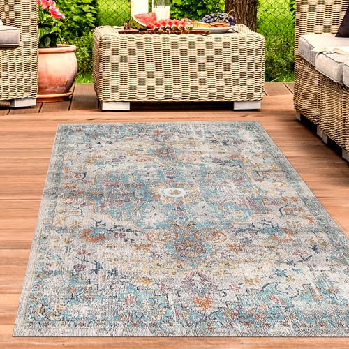CARPETIA Teppich Outdoor Teppich Wohnzimmerteppich Ornamente Teppich Wohnzimmerteppich Vintage in grau blau Größe 200 x 290 cm
