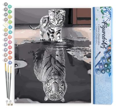 Figured'Art Malen Nach Zahlen Erwachsene Katze und weißer Tiger - Paint by Numbers Basteln DIY Bastelset 40x50cm ohne Holzrahmen