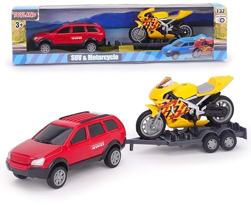 Toyland® 27cm (11”) SUV Bil-, motorcykel- och släpuppsättning - Leksaksfordon i skala 1:32 - Frihjulsrörelse - 3+ år (röd och gul)