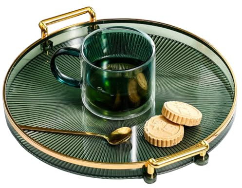 10.6 Round Decorative Tray with Handle, Modern Vanity Tray & Ottoman Serving Tray, Coffee Table, Kitchen & Bathroom for Coffee, Breakfast, Food & Beverages (Dark Green)