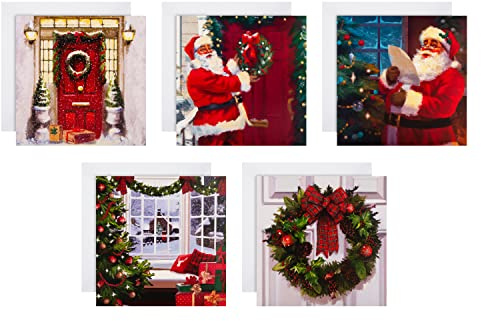 Hallmark Multipack Christmas Cards, Charity Cards, Pack of 30 in 5 Thomas Kinkade Designs, Red Door, Wreath, Santa Claus
