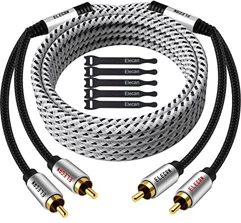 Elecan Premium RCA Cable 30 Ft (Hi-Fi Sound-16 AWG-Shielded) 2 RCA Male to 2 RCA Male Stereo Audio Cable, Gold Plated-Aluminum Alloy Shell-Pure Copper-Braided RCA Cord for Home Theater Speakers + Ties