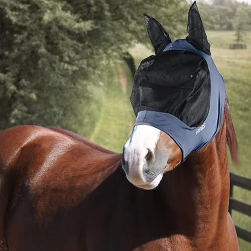 Horses Maschera Lycra con Rete Lunga Blu Pony, Leggera e Traspirante, Non Ostacola Il Campo Visivo del Cavallo, Protezione di Occhi e Orecchie
