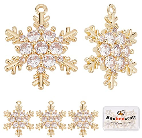 Beebeecraft 10pcs 18K Plaqué Or Flocon de Neige Charms Zircon Cubique Hiver Noël Charme Pendentifs pour Artisanat Bracelet Collier Fabrication de Bijoux