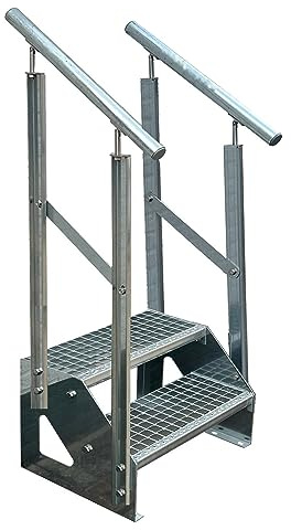 Kaminbau Mierzwa Premiumtrappa fristående, 2 trappsteg dubbelsidigt räcke (bredd 600 mm) (höjd 38 cm), väderbeständigt rutnät, trädgårdstrappa