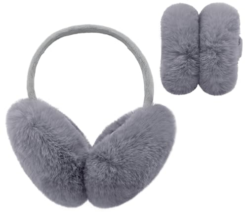 Justay Comf Foldable Ear Muffs Women Soft Thermal Fluffy Faux Fur Ear Warmers Ear Cover Head Accessories Protection from Wind Ladies Gift for Winter Outdoor Christmas,B-Grey