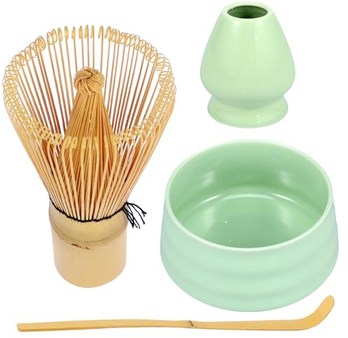 4Pcs Matcha Whisk Set, Matcha Whisk and Matcha Bowl Set, Matcha Starter Making Kit with Whisk and Bowl, Matcha Spoon, Whisk Holder, Japanese Matcha Tea Set for Tea Lovers (Green)