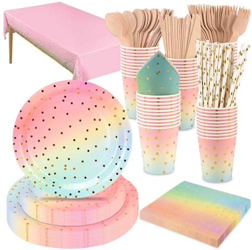 201 Pezzi Set Di Stoviglie Per Feste Rosa e Oro, Ceiliwen Set Di Stoviglie Monouso Per Feste Include Tovaglia, Piatti Di Carta Da 9'' e 7'', Tazza, Tovagliolo, Cannuccia, Posate Di Legno, Severs 25