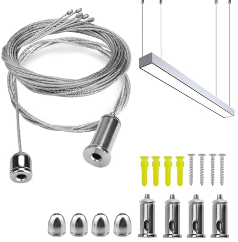 Casenly Seilaufhängung Einbauset, 4 Stück 2m×1,5mm Verstellbare Seilaufhängung Lampenaufhängung Decke Ohrstecker Drahtseil Drahtseil Aufhängeset für LED Panel Deckenleuchte Fotos Befestigungs