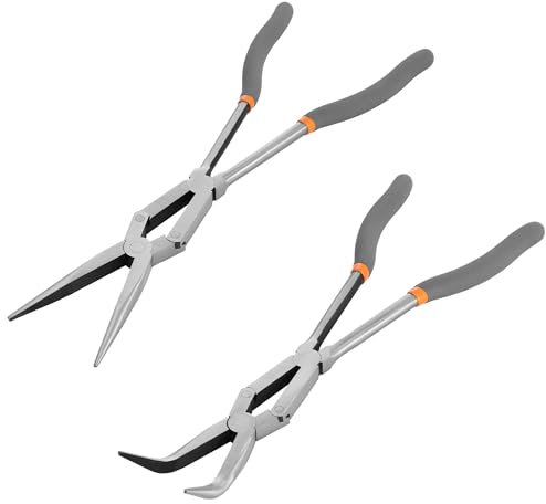 Navaris Long Needle Nose Pliers - Set of 2 - Straight & Bent 45 & Degree Tips - Enhanced Long Reach Wire Cutters - Double Jointed Side Hose Clamp Cutter with Anti-Slip Grip