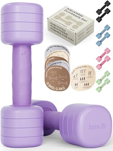 kure.fit Adjustable Dumbbell Set｜2LB 3LB 4LB 5LB Light Hand Weights for Women｜One-Twist Weight Adjustment｜Non-Slip Curved Grip Handle｜Free Weights for Home Gym, Rehab, Pilates, Yoga, Strength Training