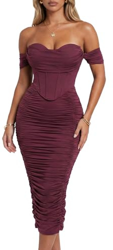 CurvySweet Women's Off the Shoulder Midi Dress Built-in Bra Ruched Corset Bodycon Formal Night Out Cocktail Party Dresses Burgundy