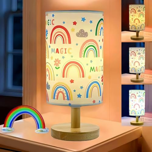Rainbow Kids Table Lamp for Bedroom Kids Bedside Lamps 3 Colors Nightstand Night Light with Cartoon Flaxen Fabric Shade Desk Lamp for Girls Boys Room Nursery Decor,Rainbow Decoration Gifts for Girls