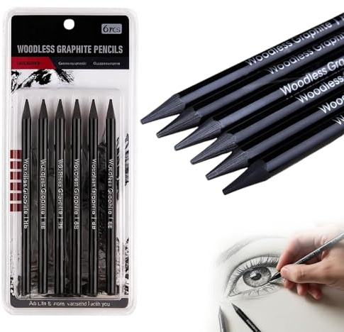 SurPse 6 Pack Charcoal Pencils, Woodless Black Graphite Pencils Set, Sketching, Shading and Artwork, Includes HB 2B 4B 6B 8B EE Black Soft Sketch, Ideal for Beginners and Professional Artists