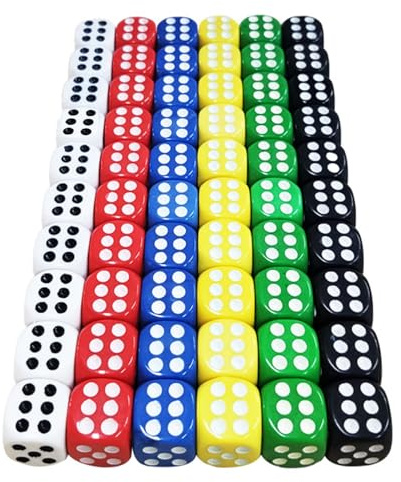 JCKD 60 Pieza Juego de Dados de 14 mm,Dados de Colores,Aptos para Todo Tipo de Juegos de Dados,Juegos de Mesa, tableros,Fiestas Familiares,Bares,Fiestas en karaokes y Clases particulares(6 Colores)