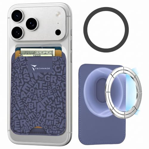 TECHMADE Tarjetero compatible con iPhone, anillo adaptador incluido, espacio para 3 tarjetas o efectivo, sistema de extracción rápida - bloqueo RFID, de ecopiel vegana, Inscripción azul, Taglia Unica