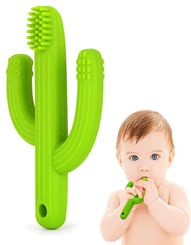 Cactus Teether, Baby Teething Toys for Babies 0-6 Months 6-12 Months, Self-Soothing Pain Relief Soft Baby Toothbrush for Babies, Toddlers, Infants, Boy and Girl, Natural Organic BPA Free(Green)